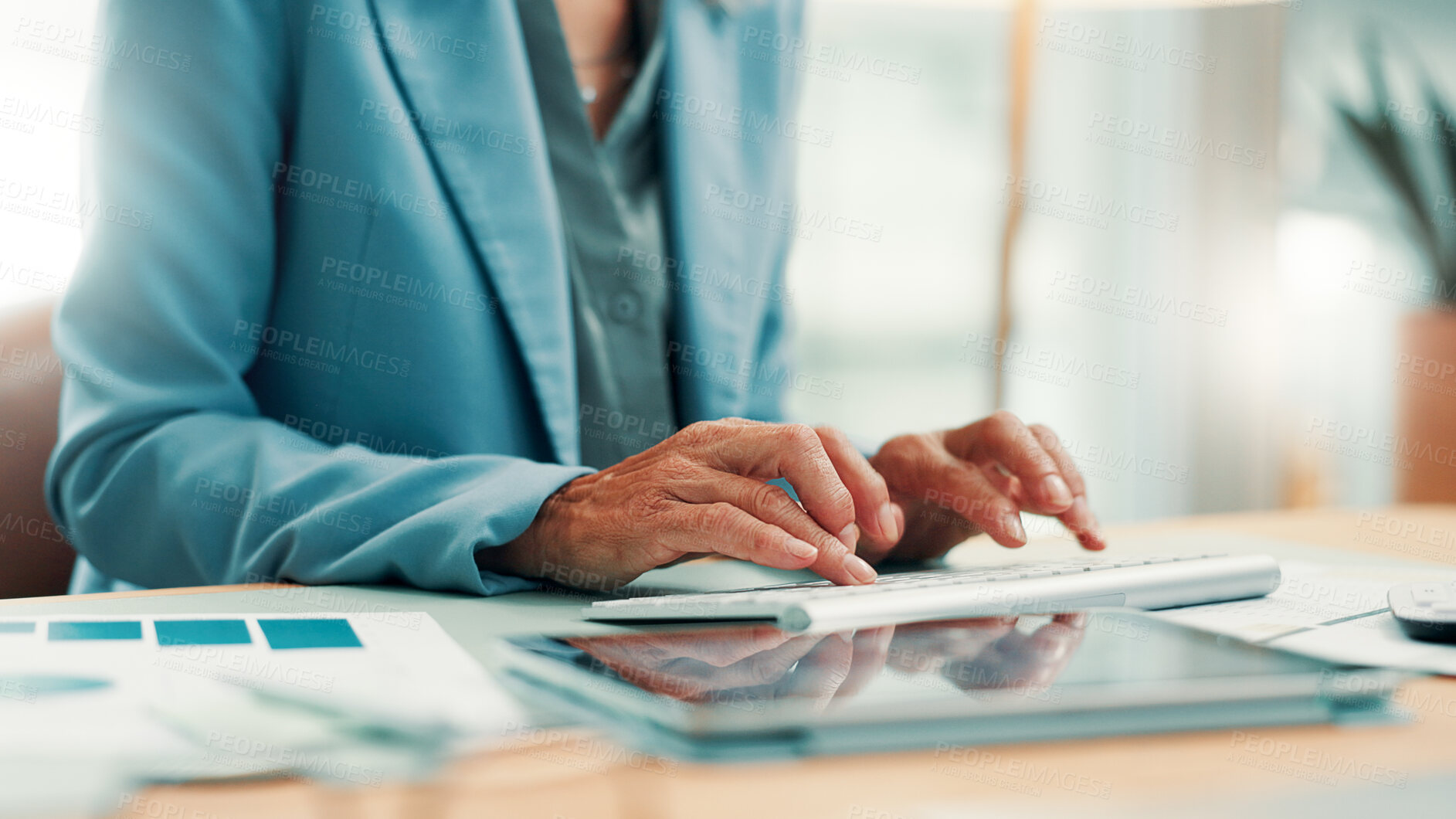 Buy stock photo Business, typing and hands of woman on computer for research, investment and online website for report. Corporate, tablet and person on keyboard for financial review, budget planning and proposal
