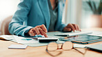 Hands, calculator and business woman in office for planning, finance or investment for project. Problem solving, math and female financial manager with tech for career development or opportunity