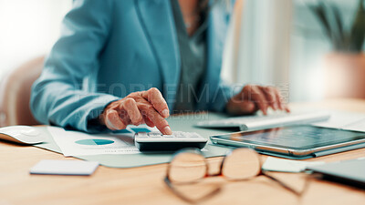 Buy stock photo Hands, calculator and business woman in office for planning, finance or investment for project. Problem solving, math and female financial manager with tech for career development or opportunity