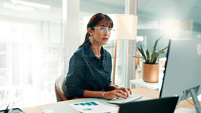 Buy stock photo Business, finance and woman on computer for research, investment and online proposal for report. Corporate, documents and person on tech for financial review, budget planning and strategy with graph