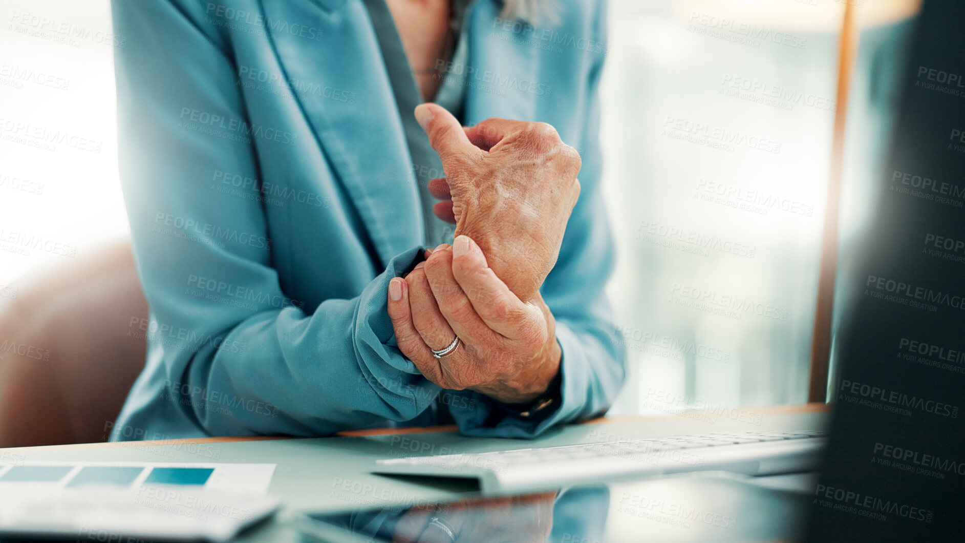 Buy stock photo Investor, hands and woman in office, wrist pain or reaction for carpal tunnel syndrome. Joint injury, trader or person in workplace, arthritis or technique for pressure relief, ache or muscle tension