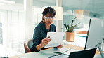 Investor, reading and woman in office, documents for economy stats and checklist for profit growth. Mature person, financial advisor and paperwork for trading charts and report for investment audit
