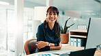 Portrait, advisor or woman in office with computer, pride or ambition in accounting services. Happy, confidence or mature finance consultant with tech, about us or experience in risk management.