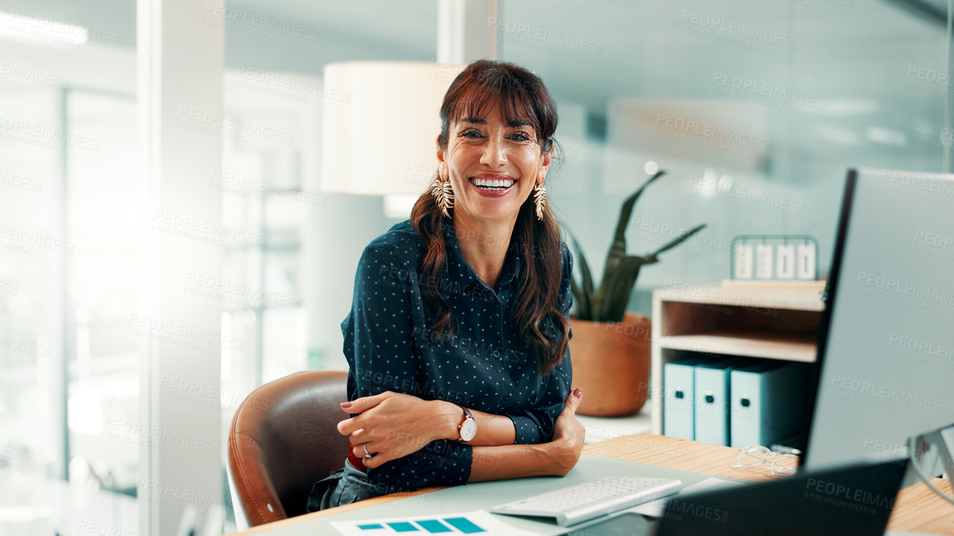 Buy stock photo Portrait, advisor or woman in office with computer, pride or ambition in accounting services. Happy, confidence or mature finance consultant with tech, about us or experience in risk management.