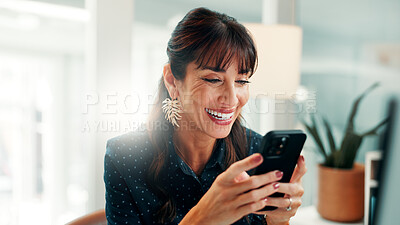 Buy stock photo Businesswoman, typing and happy with phone, office and chat with contact on social media and message. Scroll, online and mature person with mobile for communication, laughing and texting with tech