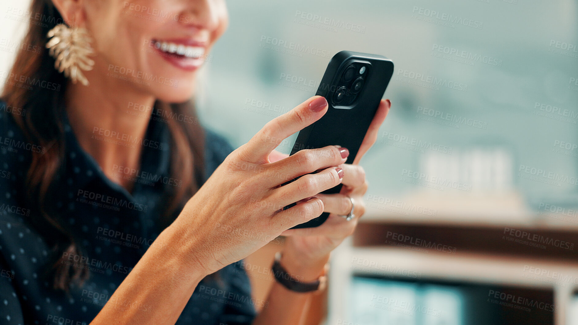 Buy stock photo Hands, online and employee with phone, office and communication with contact on social media or web. Scroll, message and person with mobile for chat, typing and texting with technology in business