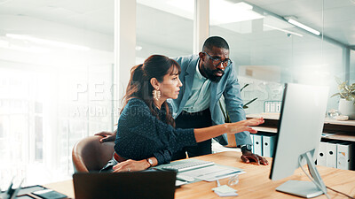 Buy stock photo Discussion, meeting and business people in office with computer, finance or investment for project. Problem solving, advice and financial manager with employee for career development or opportunity