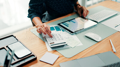 Buy stock photo Hands, calculator and business person in office for planning, finance or investment for project. Problem solving, math and female financial manager with tech for career development or opportunity