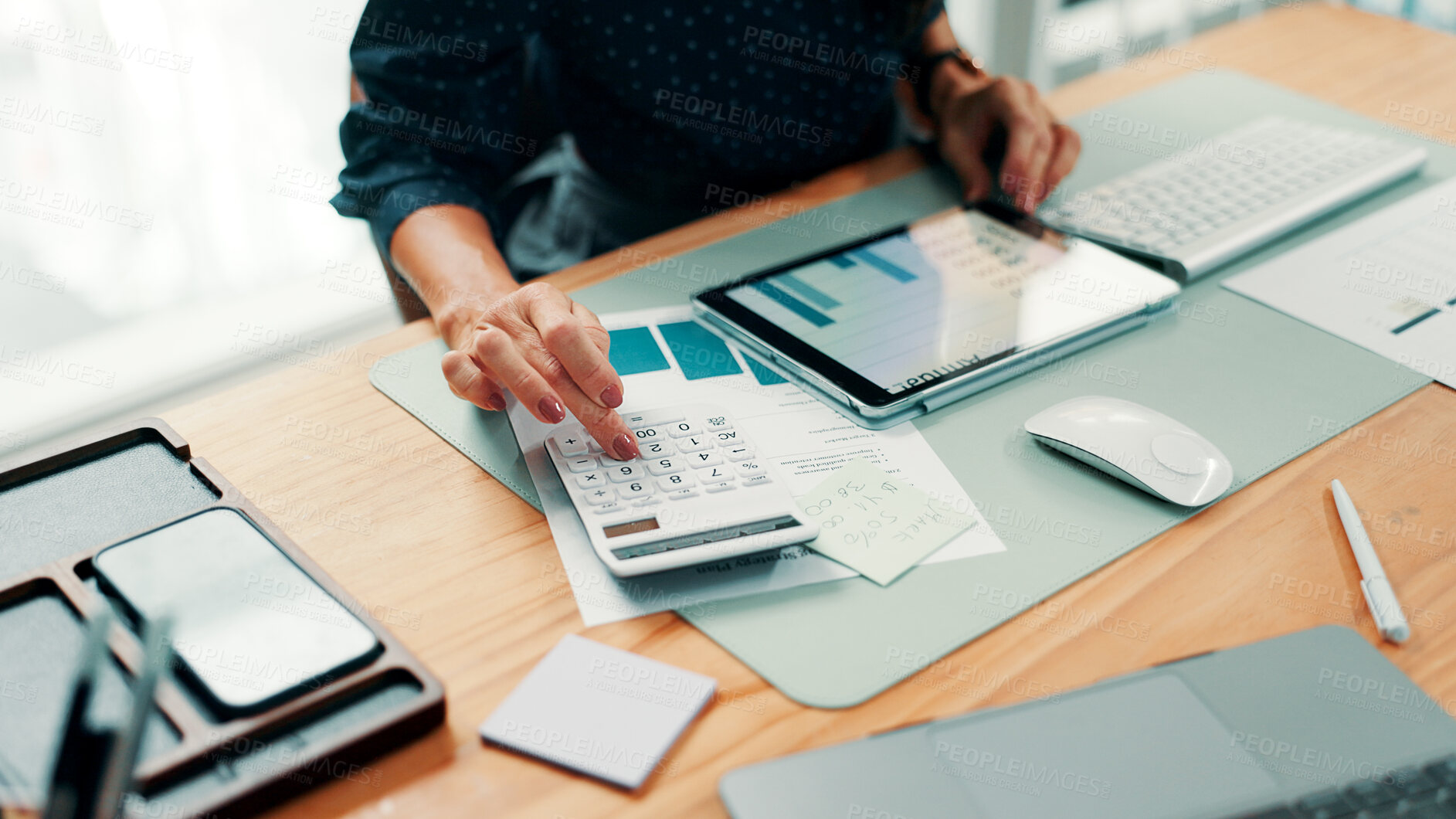 Buy stock photo Hands, calculator and business person in office for planning, finance or investment for project. Problem solving, math and female financial manager with tech for career development or opportunity