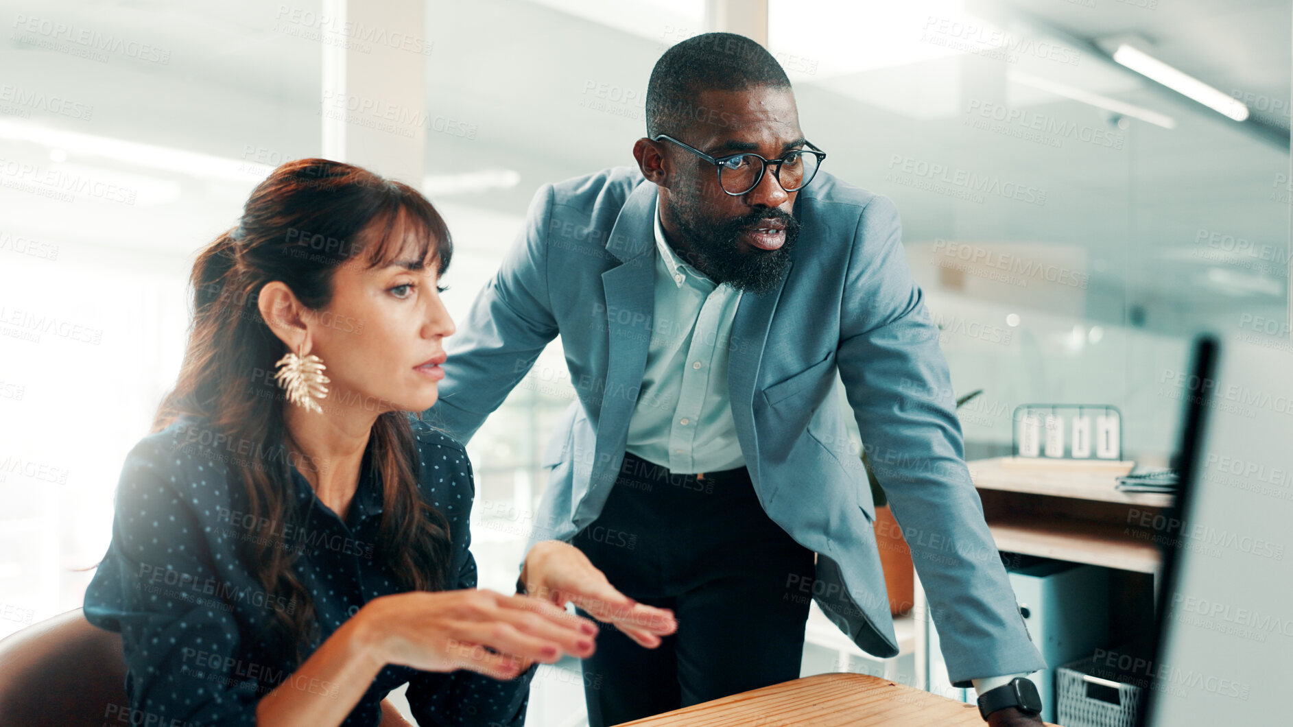 Buy stock photo Discussion, planning or people with computer in office, investment opportunity or teamwork for proposal. Reading,  risk assessment or staff with pc for shares yield forecast, collaboration or talking