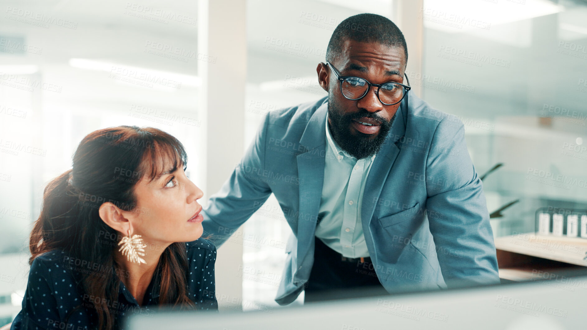 Buy stock photo Speaking, planning or people with computer in office, investment opportunity or teamwork for proposal. Reading, risk assessment or staff with pc for shares yield forecast, collaboration or talking