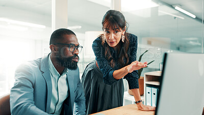 Buy stock photo Advice, meeting and business people in office with computer, finance or investment for project. Problem solving, discussion and financial manager with employee for career development and help