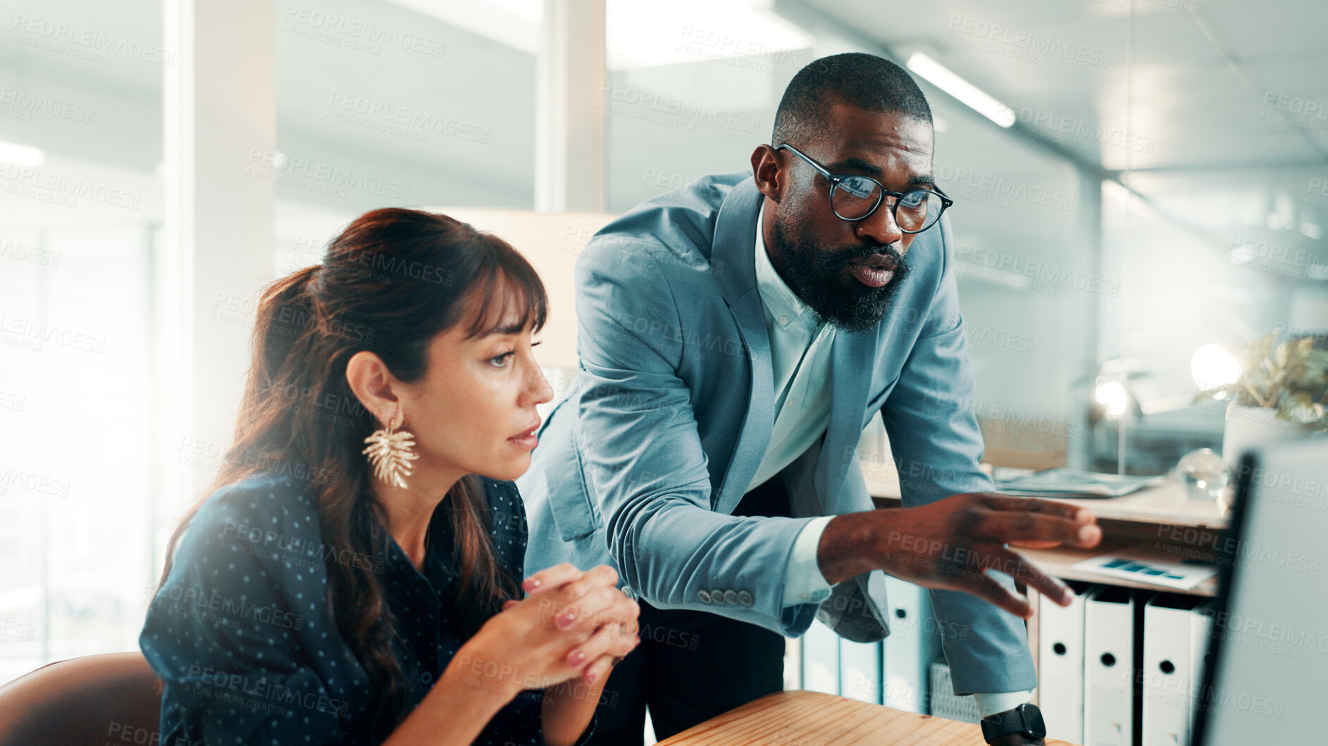 Buy stock photo Talking, planning or people with computer in office, investment opportunity or teamwork for proposal. Reading, risk assessment or staff with pc for shares yield forecast, collaboration or discussion