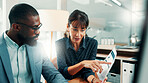 Advice, meeting and business people in office with document, finance or investment for project. Problem solving, discussion and financial manager with employee for career development or opportunity