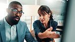 Advice, planning and business people in office with computer, finance or investment for project. Problem solving, discussion and financial manager with employee for career development or opportunity