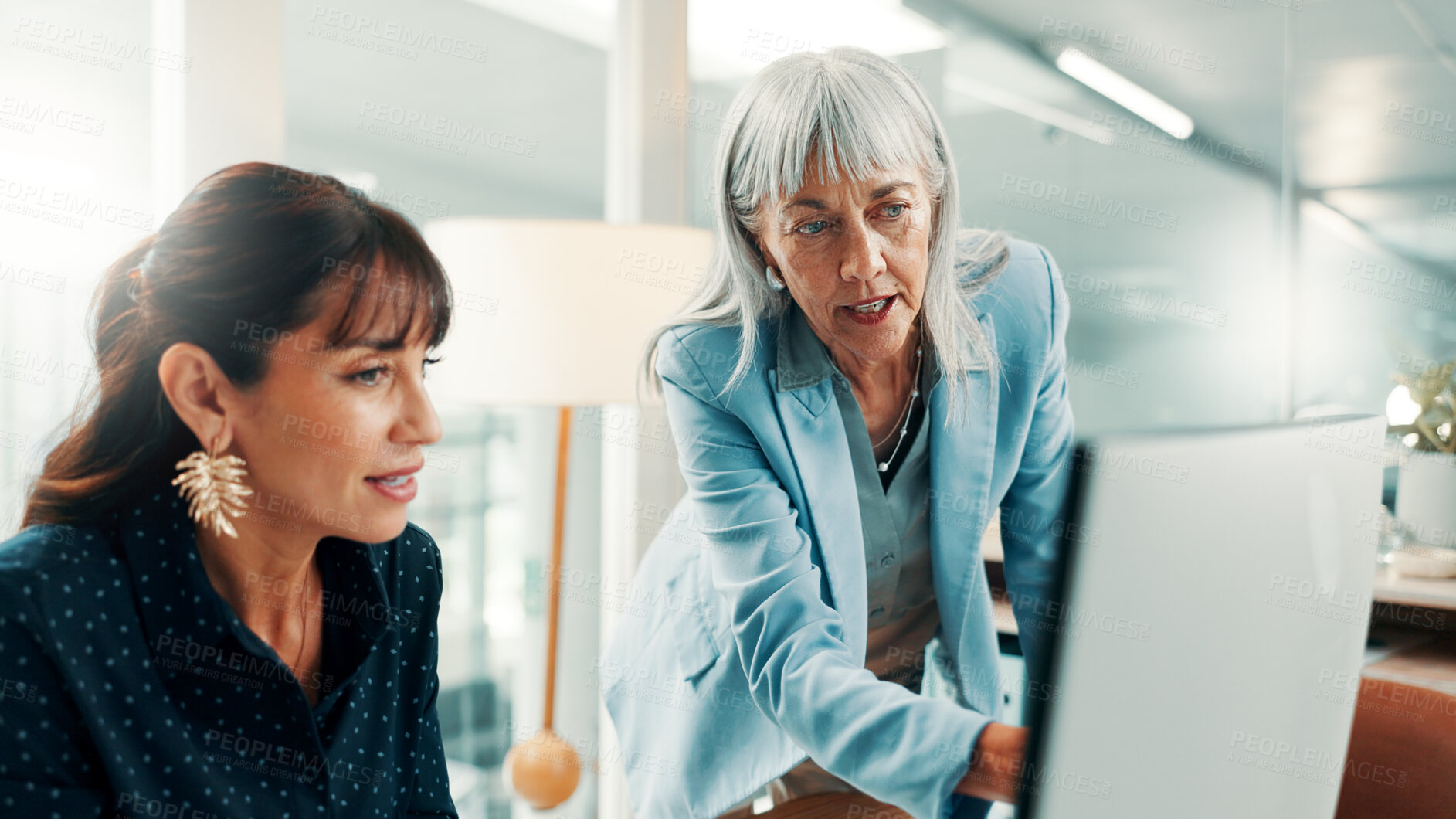 Buy stock photo Speaking, planning or women with computer in office, investment opportunity or teamwork for proposal. Reading, risk assessment or mature people with pc for shares yield forecasting, report or talking
