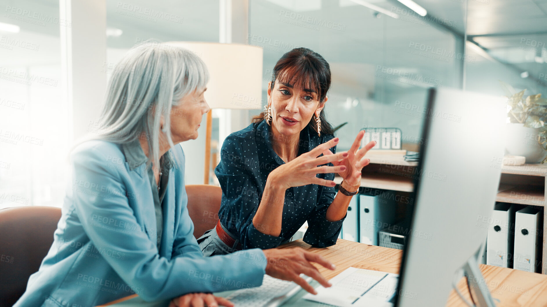 Buy stock photo Feedback, planning or people with computer in office, investment opportunity or teamwork for proposal. Reading, risk assessment or mature women with report of shares profit forecast, pc or talking