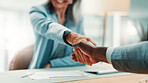 Handshake, contract and business people in office with partnership, deal or finance agreement. Meeting, welcome and financial advisor shaking hands with investor for investment negotiation at agency.