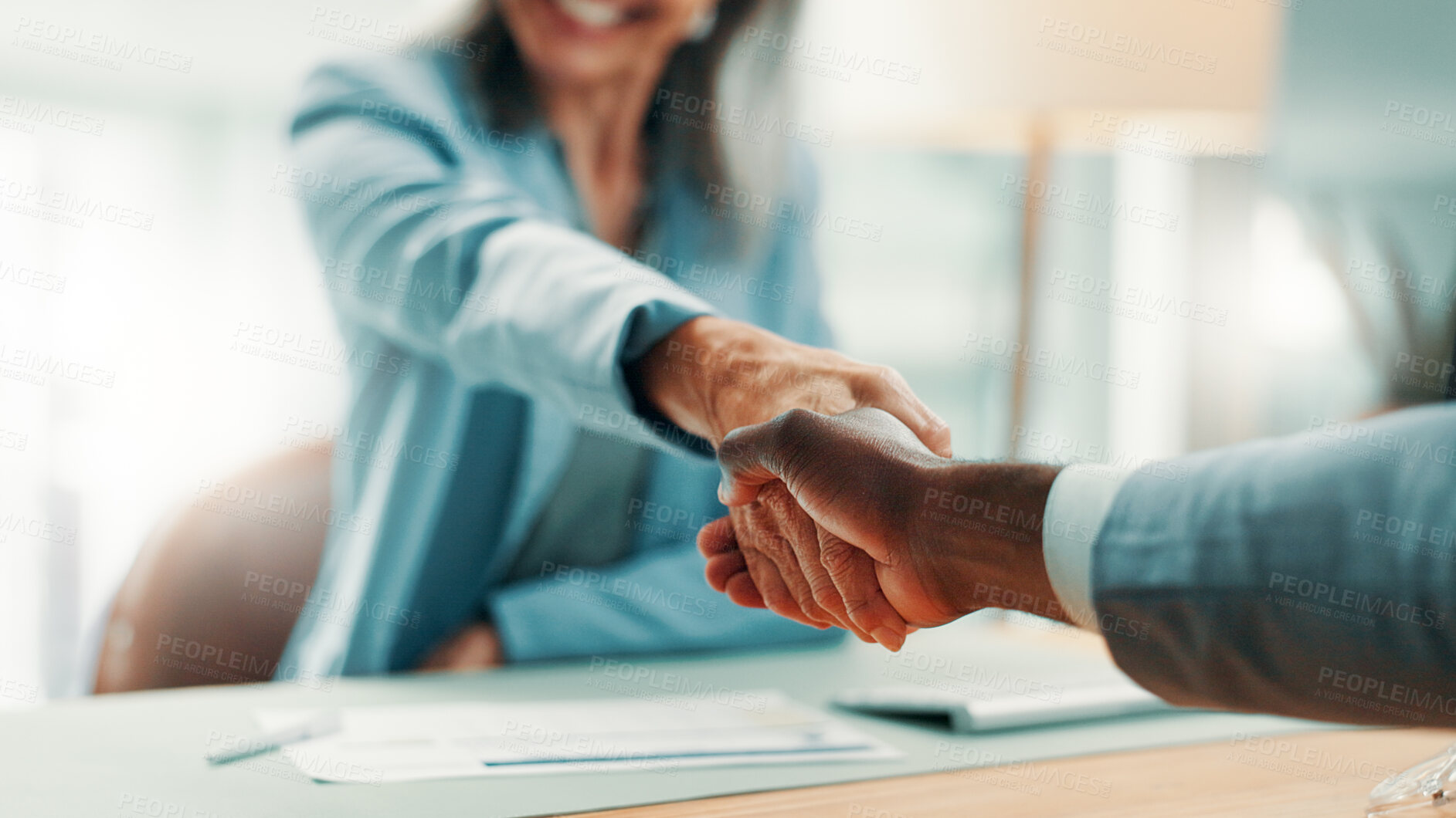 Buy stock photo Handshake, contract and business people in office with partnership, deal or finance agreement. Meeting, welcome and financial advisor shaking hands with investor for investment negotiation at agency.