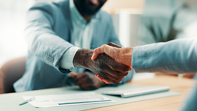 Buy stock photo Shaking hands, deal and business people in office with partnership, contract or finance agreement. Meeting, welcome and financial advisor with investor for investment negotiation handshake at agency.