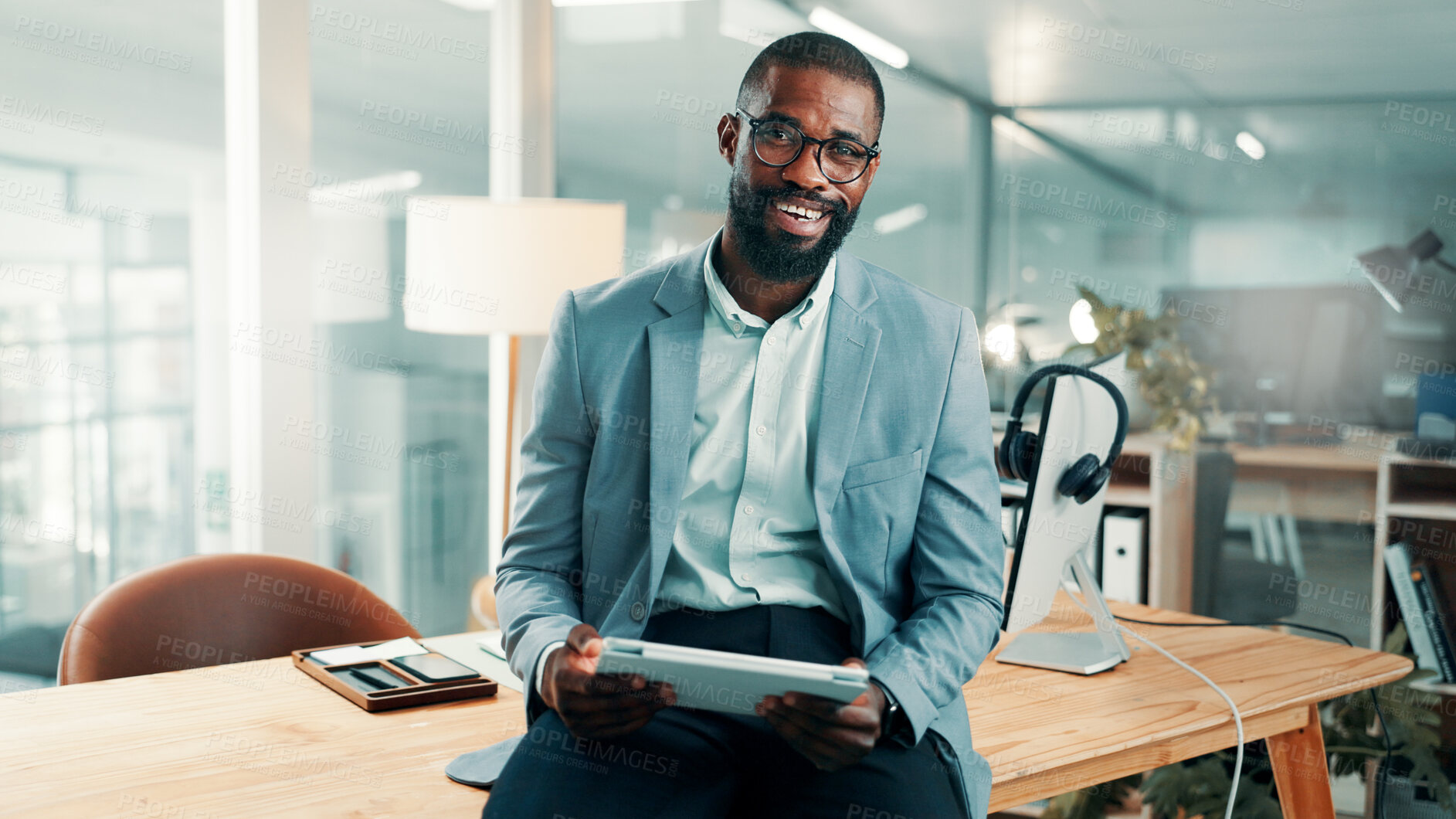 Buy stock photo Business, happy and portrait of black man with tablet for financial consultant, about us and career. Corporate, finance and person in office with digital tech, pride or ambition as investment advisor