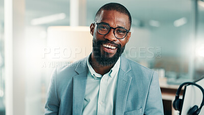 Buy stock photo Portrait, call center and black man in office, glasses and success for tech support. African person, consultant and professional in workplace, happiness and headset for help desk, smile and advice