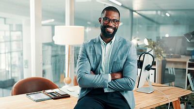 Buy stock photo Portrait, advisor or black man in office with arms crossed, pride or ambition in accounting services. Happy, career or finance consultant with confidence, about us or experience in risk management.