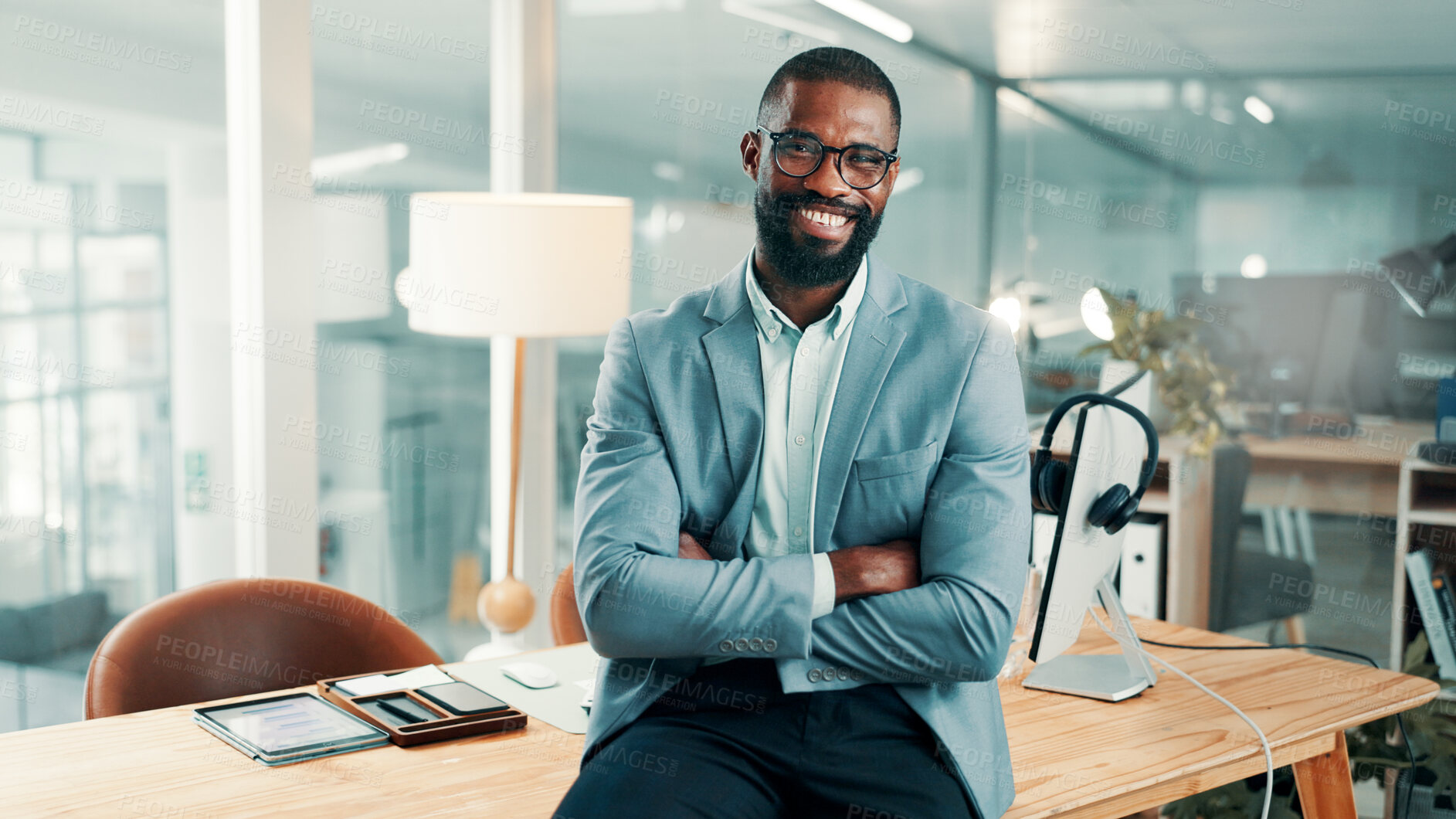 Buy stock photo Portrait, advisor or black man in office with arms crossed, pride or ambition in accounting services. Happy, career or finance consultant with confidence, about us or experience in risk management.