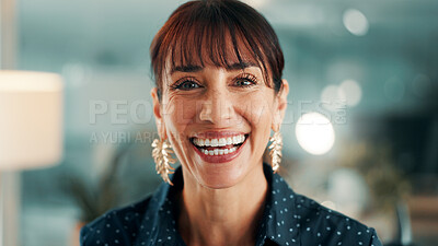 Buy stock photo Portrait, advisor or mature woman in office with smile, pride or ambition in accounting services. Happy, professional or finance consultant with confidence, about us or experience in risk management.