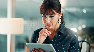 Buy stock photo Finance, tablet and thinking with business woman in office for accounting or investment. App, decision and reading with mature accountant in financial workplace for assessment or wealth management
