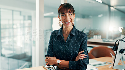 Buy stock photo Portrait, advisor or woman in office with arms crossed, pride or ambition in accounting services. Happy, career or mature finance consultant with confidence, about us or experience in risk management