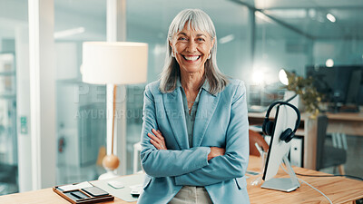 Buy stock photo Portrait, advisor or woman in agency with arms crossed, pride or ambition in accounting services. Happy, career or mature finance consultant with confidence, about us or experience in risk management