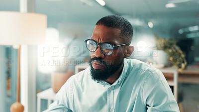 Buy stock photo Online, glasses and businessman in office, serious and risk assessment with data, research and info. Corporate, financial analyst and black person with eyewear, reflection and forecasting with graphs
