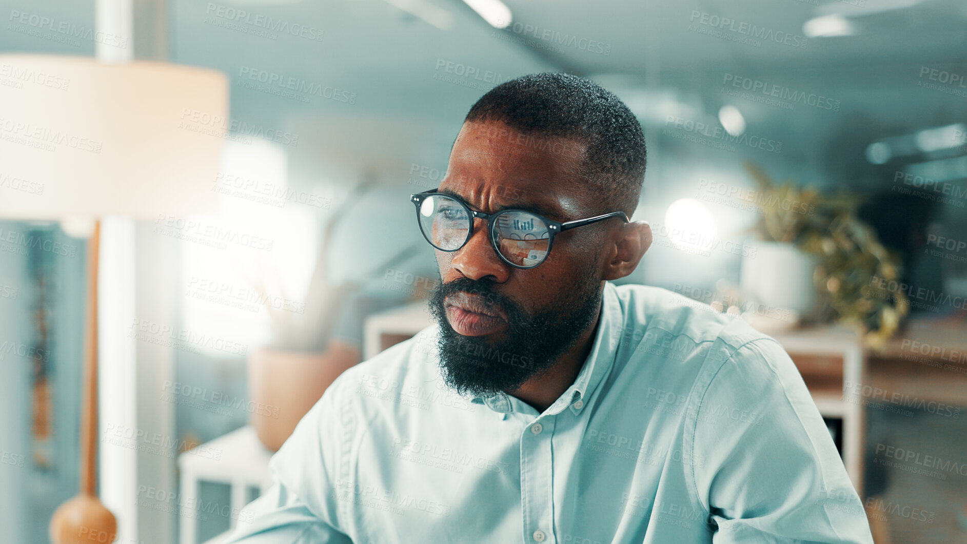 Buy stock photo Online, glasses and businessman in office, serious and risk assessment with data, research and info. Corporate, financial analyst and black person with eyewear, reflection and forecasting with graphs