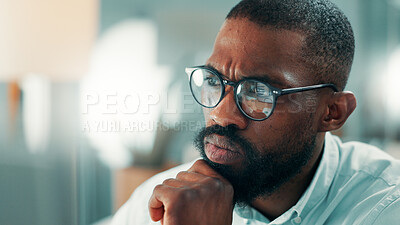 Buy stock photo Glasses, finance and reflection with business black man in office for accounting or investment. Computer, decision and thinking with African accountant in financial workplace for wealth management