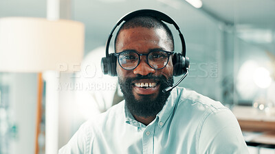 Buy stock photo Black man, portrait or consultant with headset in office for customer service or virtual assistance. Businessman, friendly agent or smile with mic for communication, help or support in call center