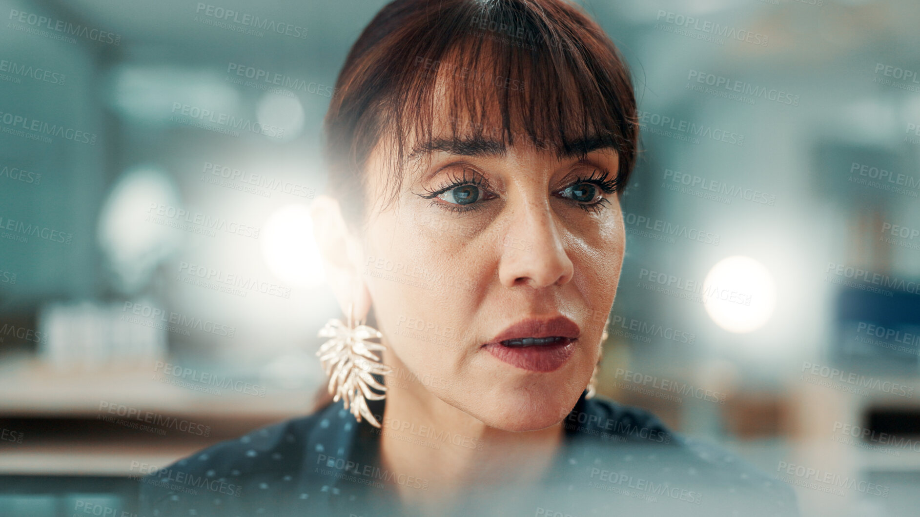 Buy stock photo Reading, idea and business woman in office for planning, finance or investment for project. Problem solving, reflection and mature financial manager with bokeh for career development or opportunity