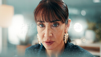 Buy stock photo Thinking, idea and business woman in office for planning, finance or investment for project. Problem solving, reflection and mature financial manager with bokeh for career development or opportunity