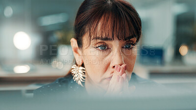 Buy stock photo Thinking, reflection and business woman in office for planning, finance or investment for project. Problem solving, idea and mature financial manager with bokeh for career development or opportunity
