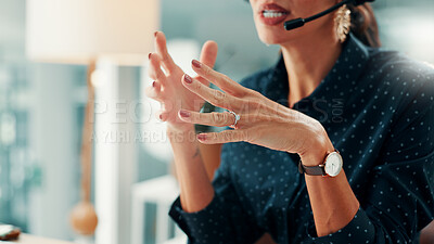 Buy stock photo Telemarketing, hands and agent with headset, office and discussion with contact for lead generation. Call center, consultant and person with mic for communication, online and sales with technology
