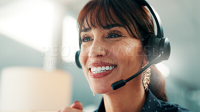 Buy stock photo Happy woman, consultant or office with headset for online advice or virtual assistance. Female person, agent or friendly employee with mic for communication, discussion or conversation in call center