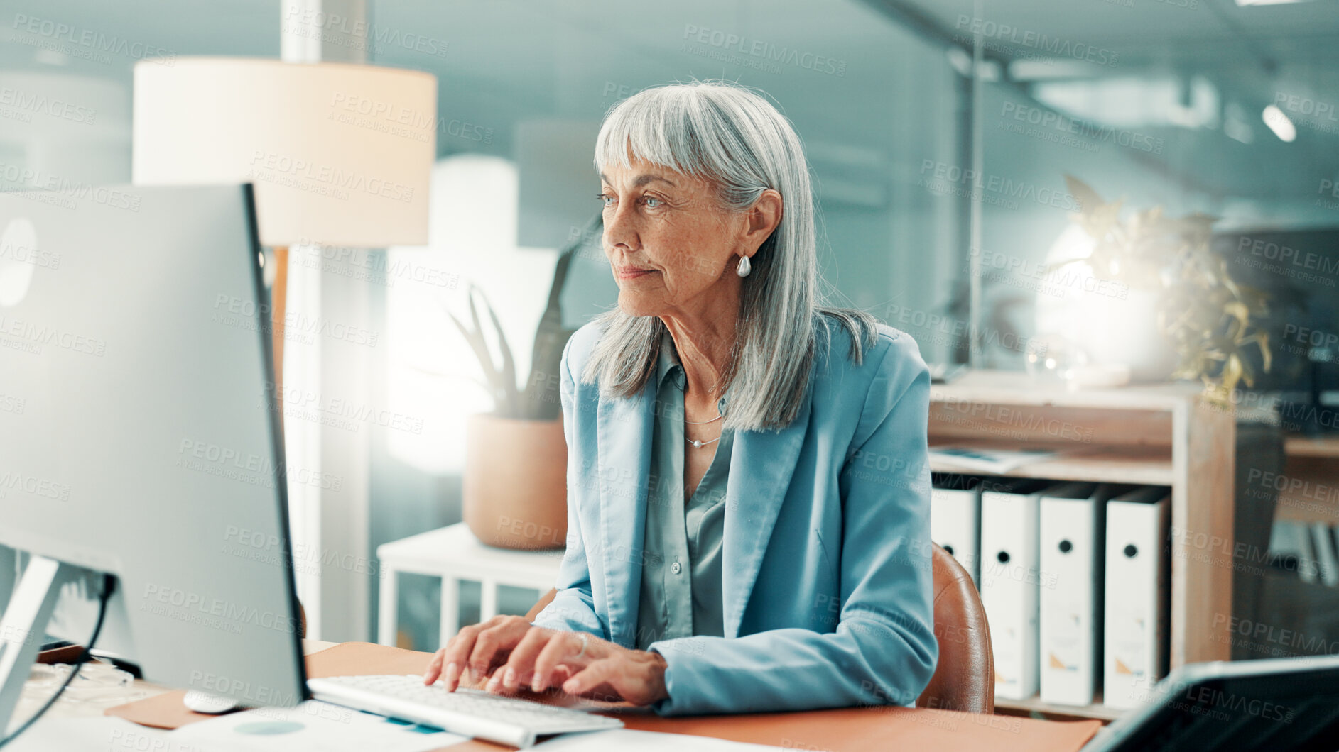 Buy stock photo Computer, reading or woman with typing in office, company expenses or budget plan for money management. Pc, spending report or mature accountant with finance record for research, review or proposal