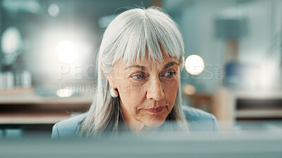 Buy stock photo Reflection, review or business woman in office for planning, finance or investment for project. Problem solving, reading and mature financial manager with bokeh for career development or opportunity