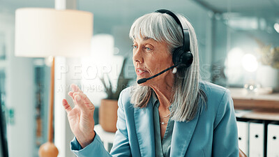 Buy stock photo Mature, woman and consultant with headset in office for customer service or virtual assistance. Female person, agent or talking with mic for web support, online help or communication in call center