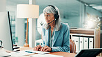 Mature, woman and agent with headset in office for customer service or virtual assistance. Female person, consultant or typing on keyboard for web support, online help or communication in call center