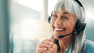 Buy stock photo Mature, happy woman and consultant with headset for customer service or help in call center. Female person, agent or talking with mic for web support, communication or virtual assistance in office