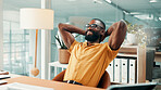 Creative agency, relax or black man in workplace, smile or completed assignment for publication. Happy person, copywriting or journalist in office, finished task or stretching with rest or success