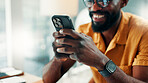 Creative man, phone and smile with typing for communication, networking or feedback in office. Black person, tech or schedule with text message, chat app or internet campaign update at workplace
