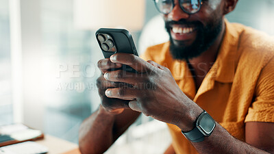 Buy stock photo Creative man, phone and hands with typing for communication, networking or feedback in office. Black person, tech or schedule with text message, chat app or internet campaign update at workplace
