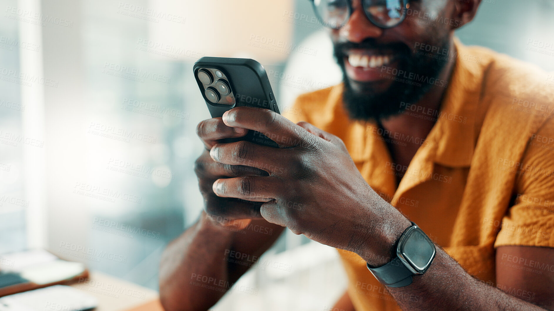 Buy stock photo Creative man, phone and hands with typing for communication, networking or feedback in office. Black person, tech or schedule with text message, chat app or internet campaign update at workplace